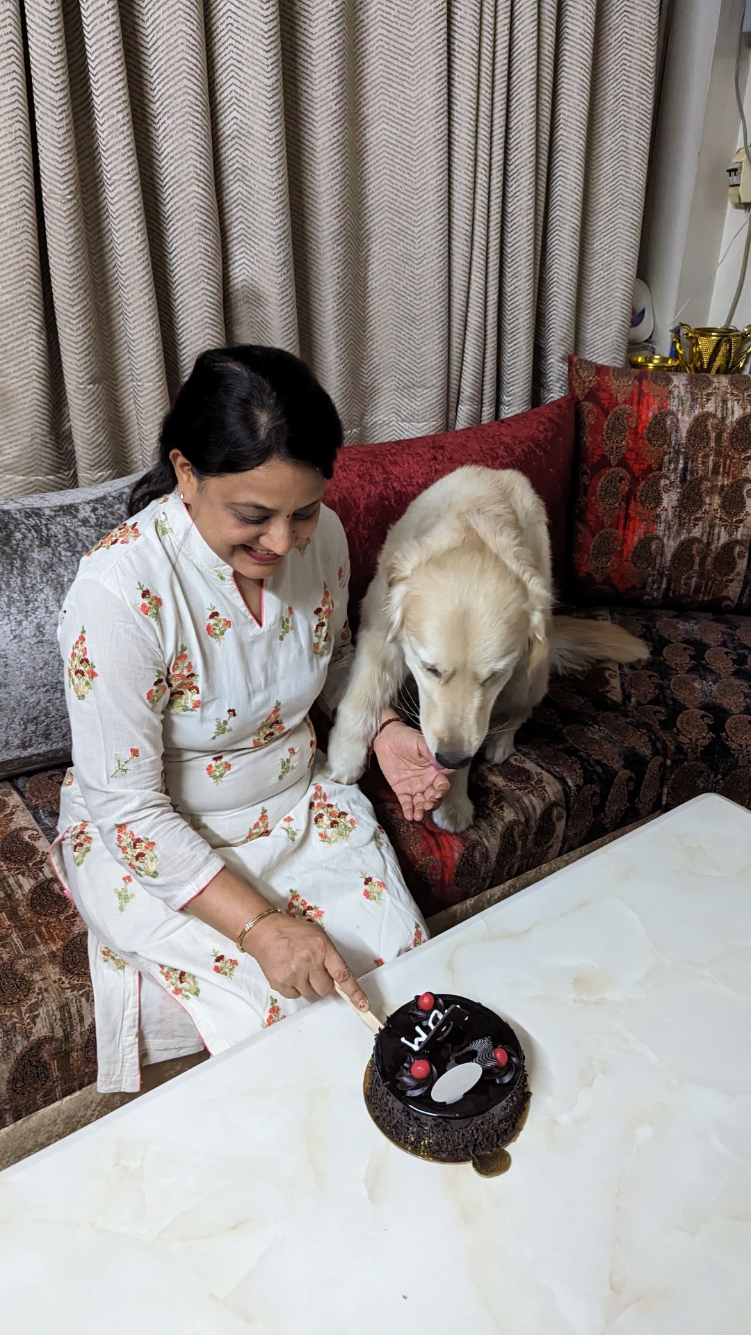 Bruno licking maa's hand near a chocolate cake.
